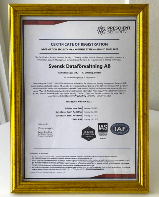 Svensk Dataförvaltning AB, Certificate of registration. IOS 2700:2022